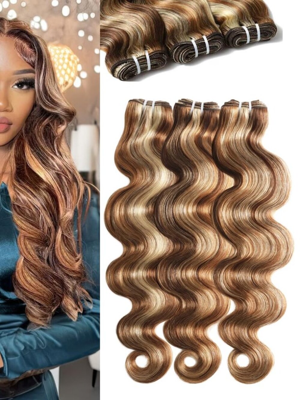Human Hair Sew-In Extensions 16 18 20" Blonde Brown Highlight Body Wave